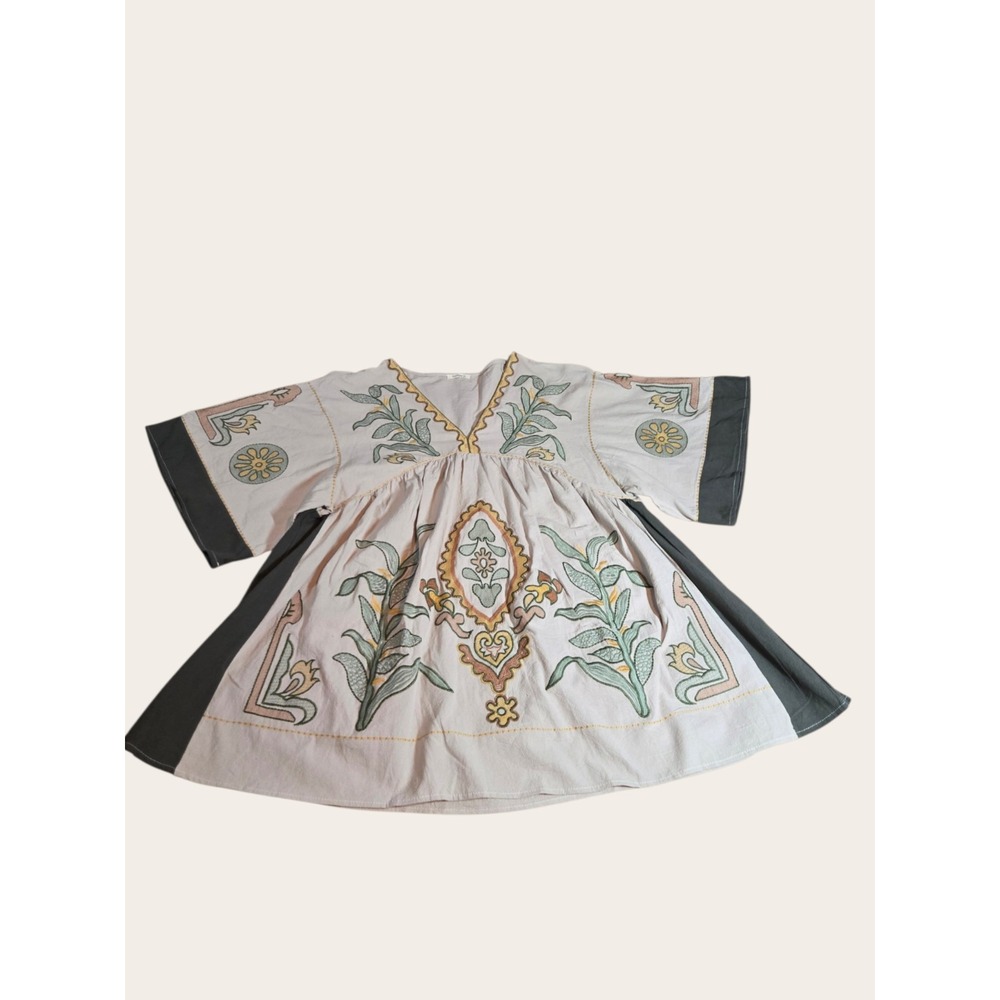 Sunday Up Babydoll Dress Top beige boho-chic Bohemian Embroidered Size M